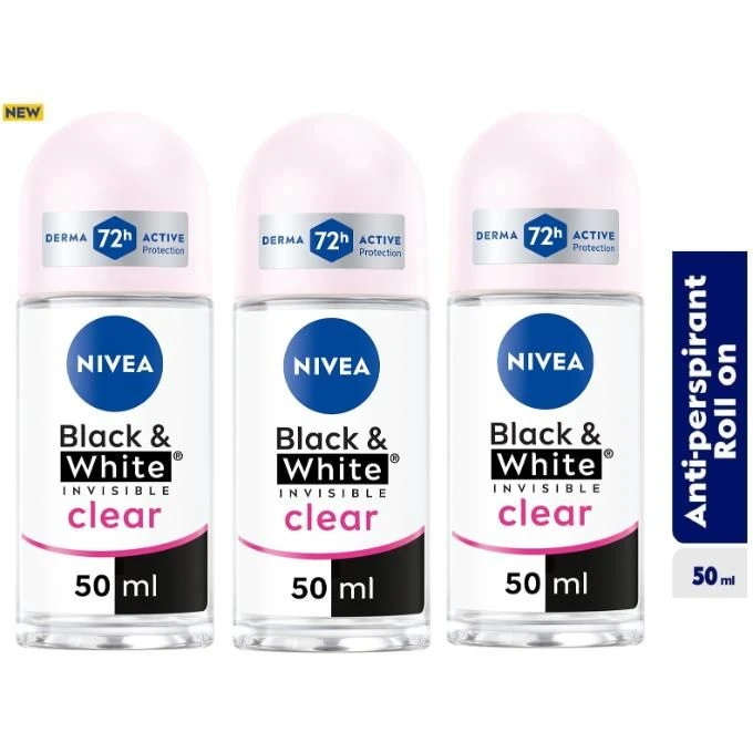 NIVEA Black & White Invisible Clear Anti-Perspirant Roll-on For Women 72h - 50ml (Pack Of 3)